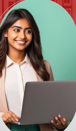 Online MBA learner smiling with a laptop